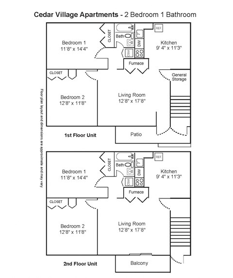Floor plan for 2 beds, 1 bath